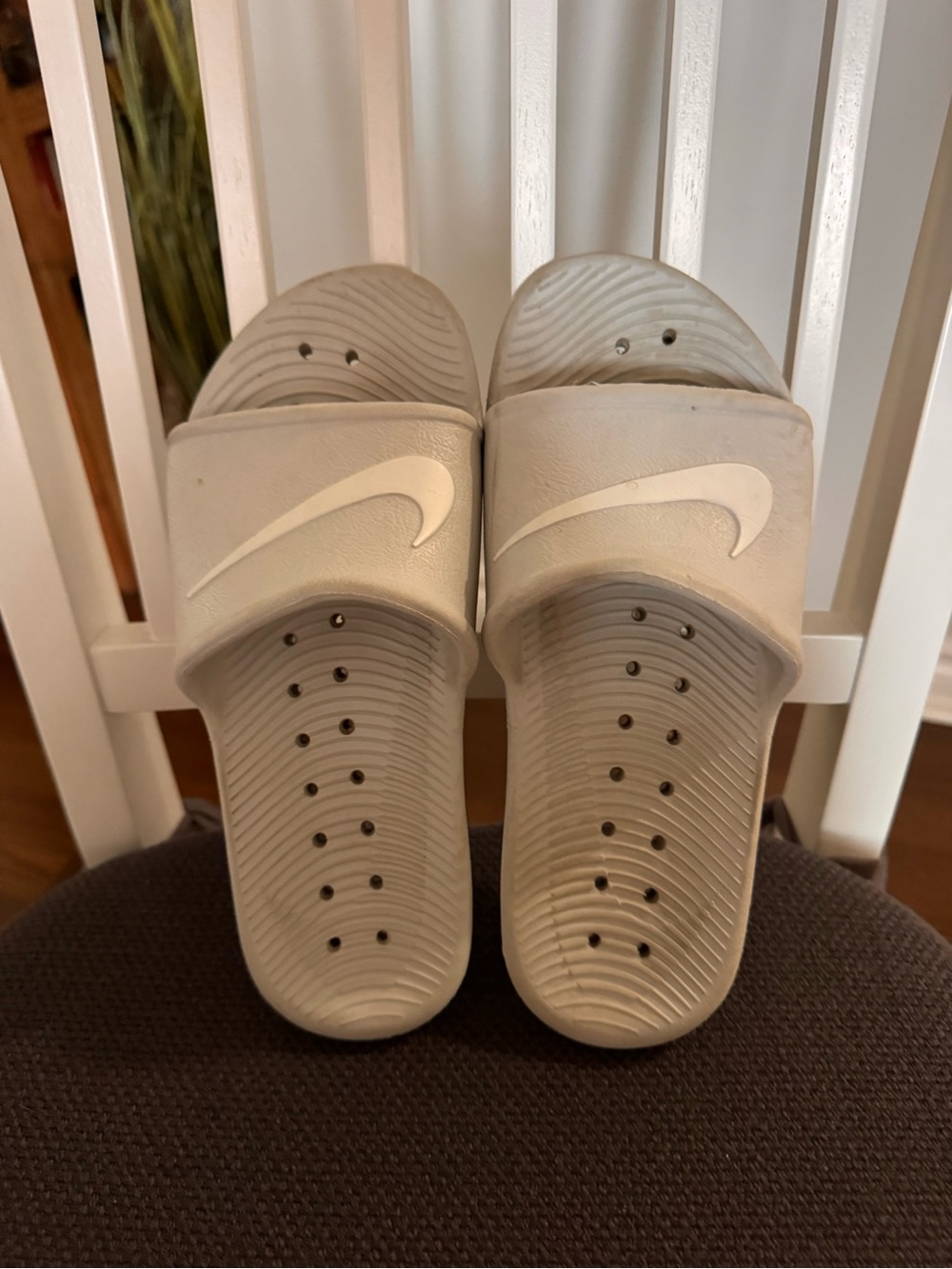 Nike Women’s Cream Slide Sandals with White Swoosh